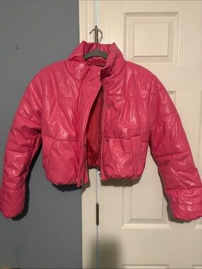 Ambiance Shiny Hot Pink Cropped Puffer Jacket